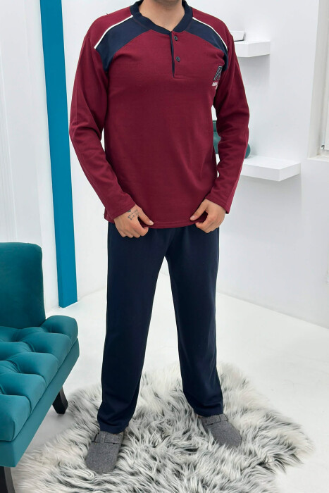 SIMPLE BUTTONED NECK SWEATSHIRT+SWEATPANTS MEN PYJAMAS BURGUNDY/VISHNJE - 1