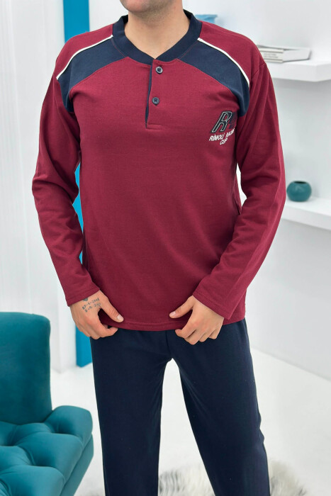 SIMPLE BUTTONED NECK SWEATSHIRT+SWEATPANTS MEN PYJAMAS BURGUNDY/VISHNJE - 2