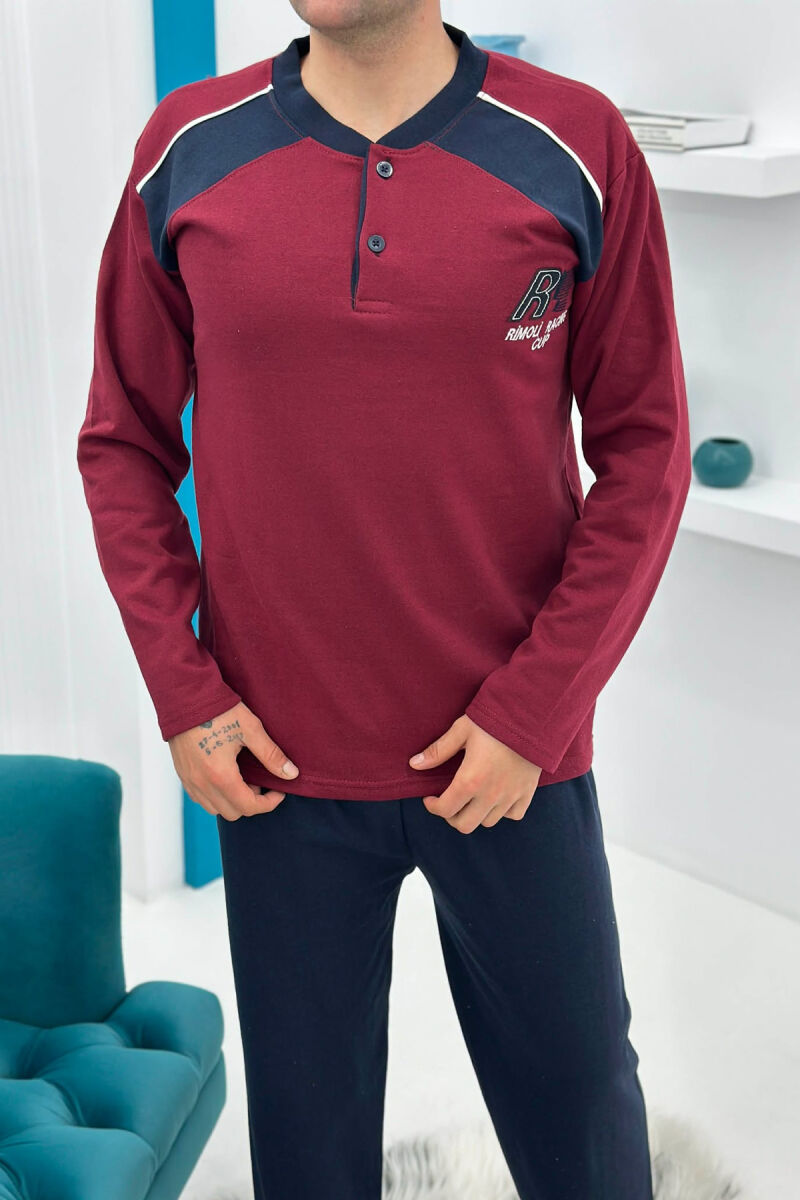 SIMPLE BUTTONED NECK SWEATSHIRT+SWEATPANTS MEN PYJAMAS BURGUNDY/VISHNJE - 2