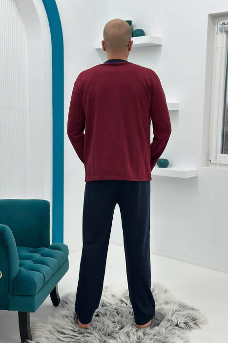 SIMPLE BUTTONED NECK SWEATSHIRT+SWEATPANTS MEN PYJAMAS BURGUNDY/VISHNJE - 4