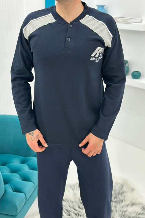 SIMPLE BUTTONED NECK SWEATSHIRT+SWEATPANTS MEN PYJAMAS DARK BLUE/BEE - 2