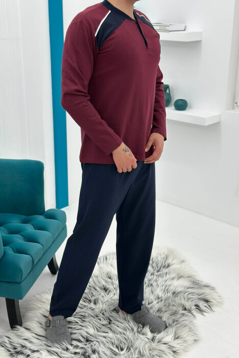 SIMPLE BUTTONED NECK SWEATSHIRT+SWEATPANTS MEN PYJAMAS DARK BURGUNDY/VISHNJE E ERRET - 5