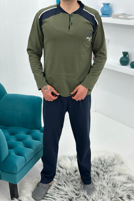 SIMPLE BUTTONED NECK SWEATSHIRT+SWEATPANTS MEN PYJAMAS GREEN/JESHILE - 1