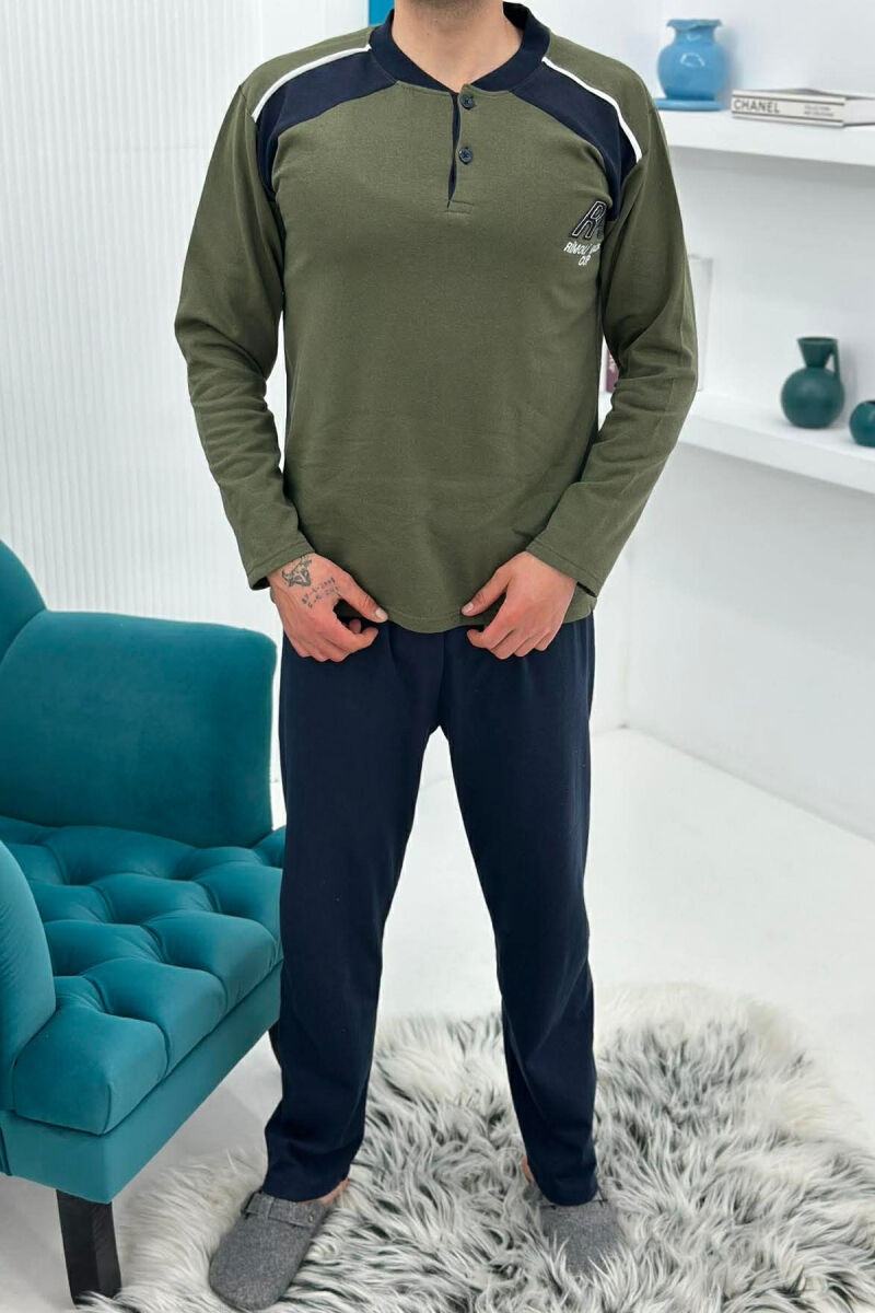 SIMPLE BUTTONED NECK SWEATSHIRT+SWEATPANTS MEN PYJAMAS GREEN/JESHILE - 1