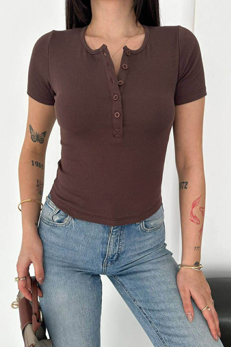SIMPLE BUTTONS WOMAN T-SHIRT BROWN/KAFE - 2