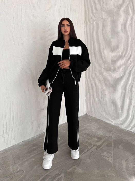 SIMPLE COTTON JACKET+SWEATPANTS WOMEN SET IN BLACK-WHITE COLOR - 1