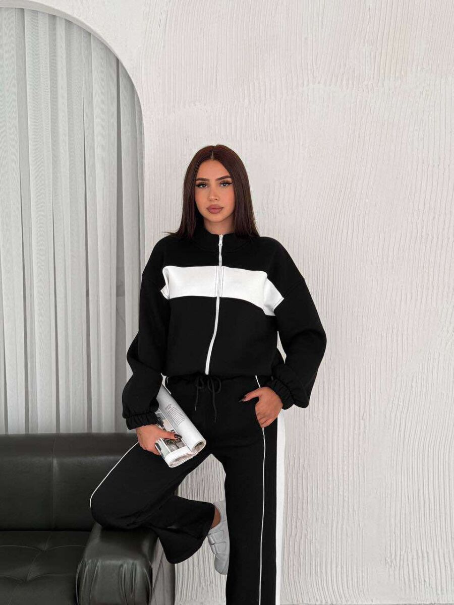 SIMPLE COTTON JACKET+SWEATPANTS WOMEN SET IN BLACK-WHITE COLOR - 2