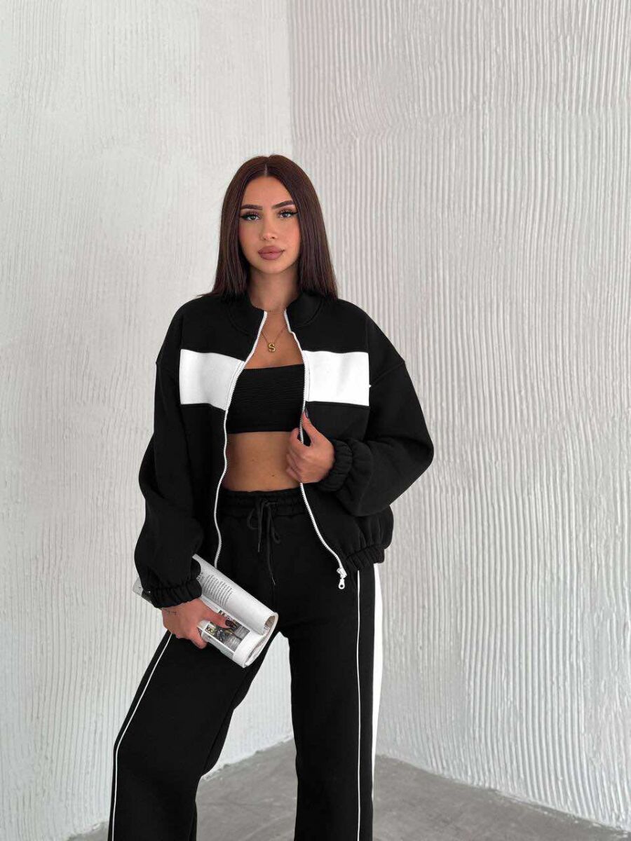 SIMPLE COTTON JACKET+SWEATPANTS WOMEN SET IN BLACK-WHITE COLOR - 3