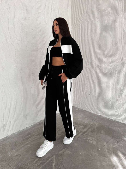 SIMPLE COTTON JACKET+SWEATPANTS WOMEN SET IN BLACK-WHITE COLOR - 4