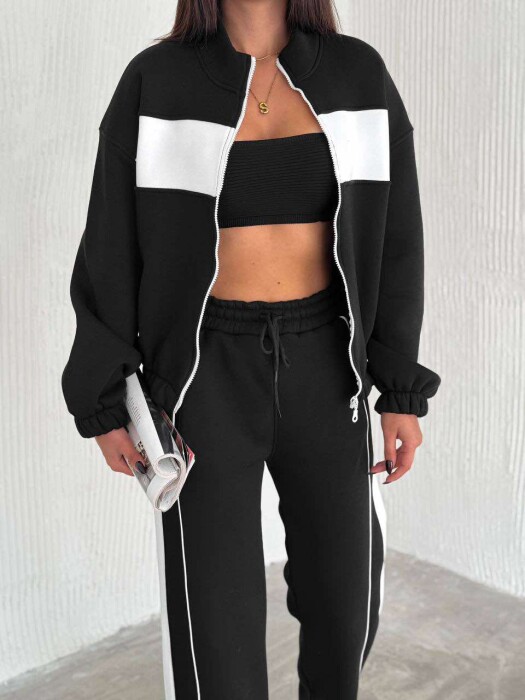 SIMPLE COTTON JACKET+SWEATPANTS WOMEN SET IN BLACK-WHITE COLOR - 5