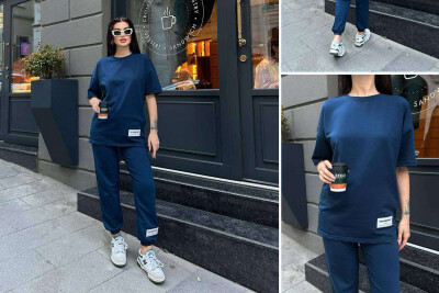 SIMPLE COTTON JOGGERS+T-SHIRT WOMEN SET DARK BLUE/BEE 