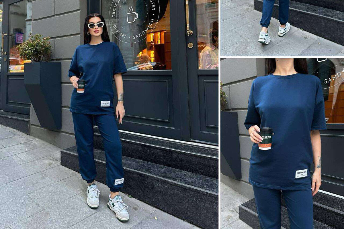 SIMPLE COTTON JOGGERS+T-SHIRT WOMEN SET DARK BLUE/BEE - 1