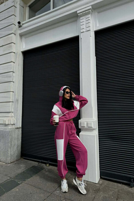 SIMPLE CROPPED HOODIE+JOGGERS WOMEN SET FUCHSIA/CIKLAMI - 1