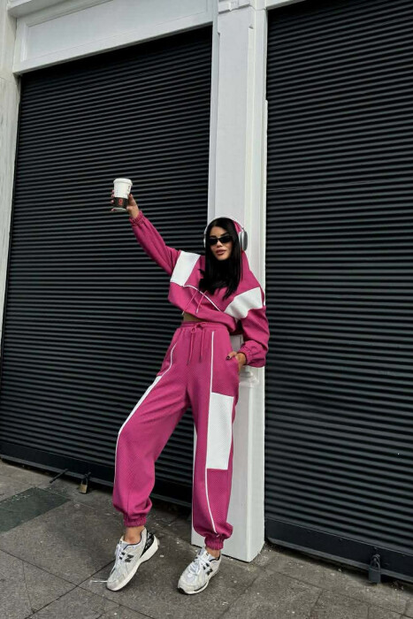 SIMPLE CROPPED HOODIE+JOGGERS WOMEN SET FUCHSIA/CIKLAMI - 2