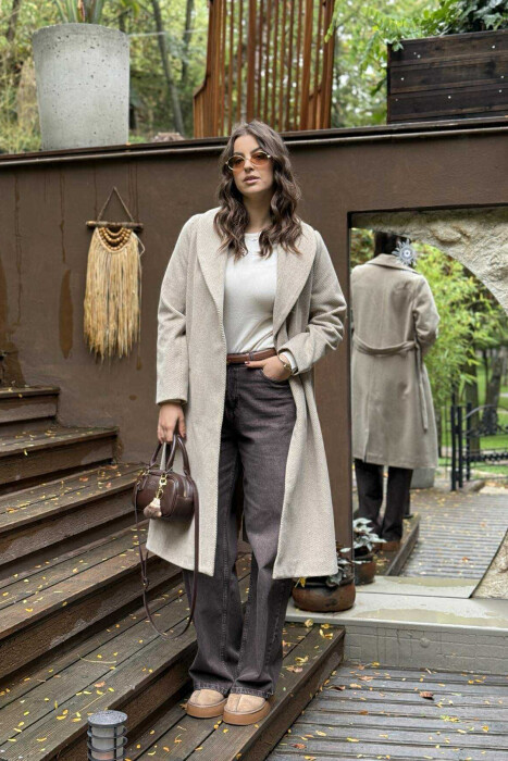 SIMPLE DESIGN LONG WOMEN COAT BEIGE/BEZHE - 9