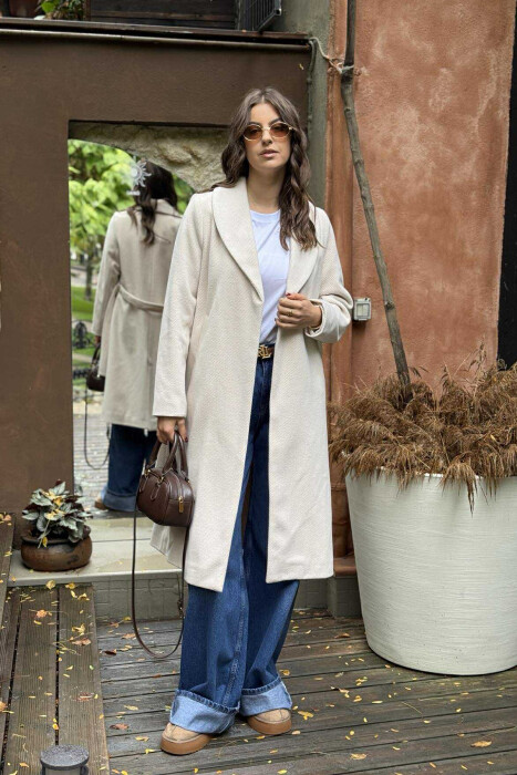 SIMPLE DESIGN LONG WOMEN COAT CREAM/KREM - 1