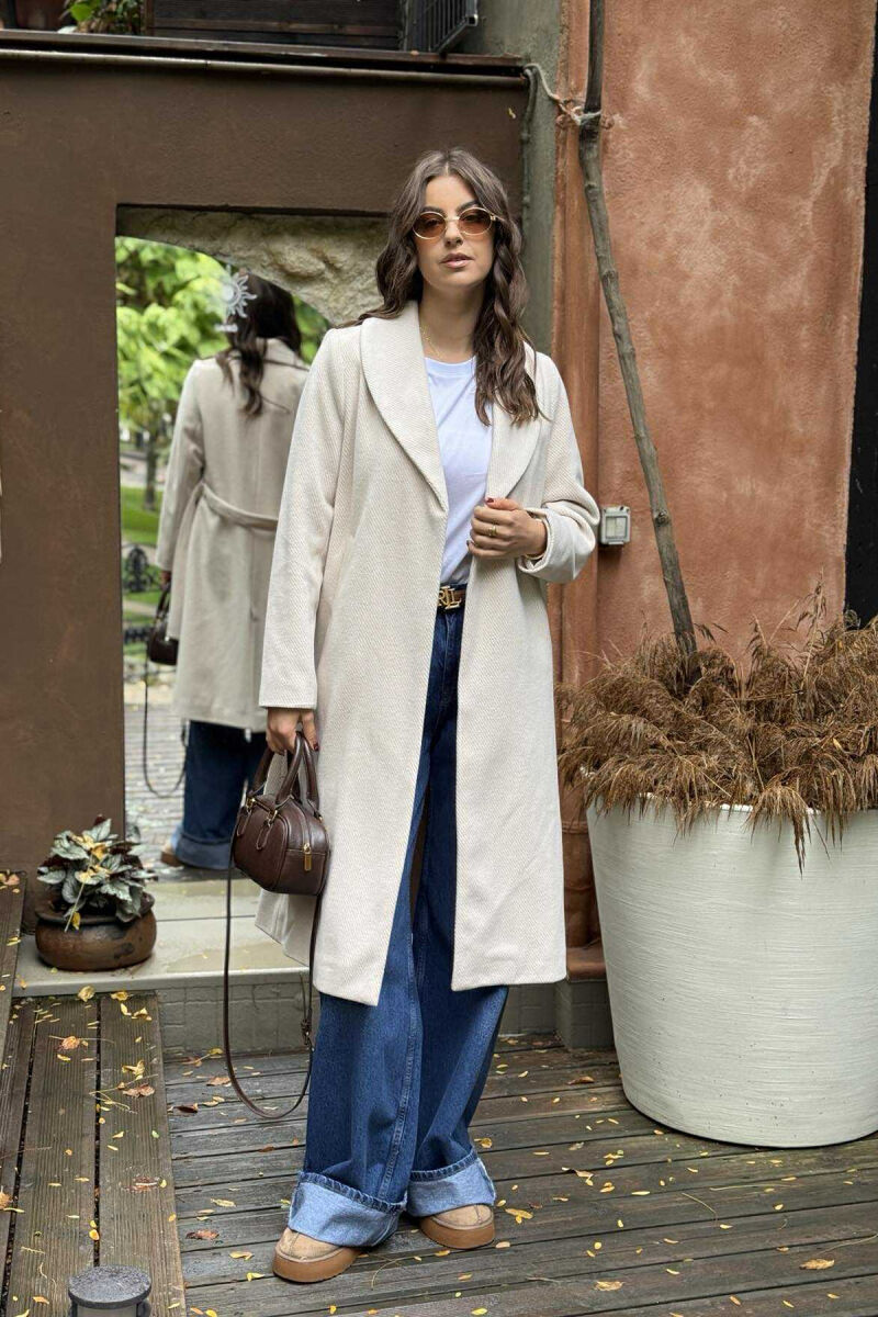 SIMPLE DESIGN LONG WOMEN COAT CREAM/KREM - 1