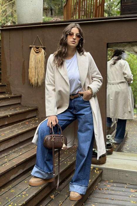 SIMPLE DESIGN LONG WOMEN COAT CREAM/KREM - 4