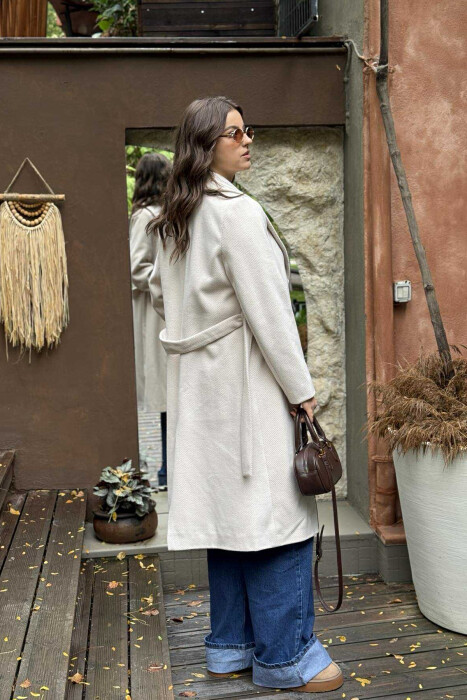 SIMPLE DESIGN LONG WOMEN COAT CREAM/KREM - 7