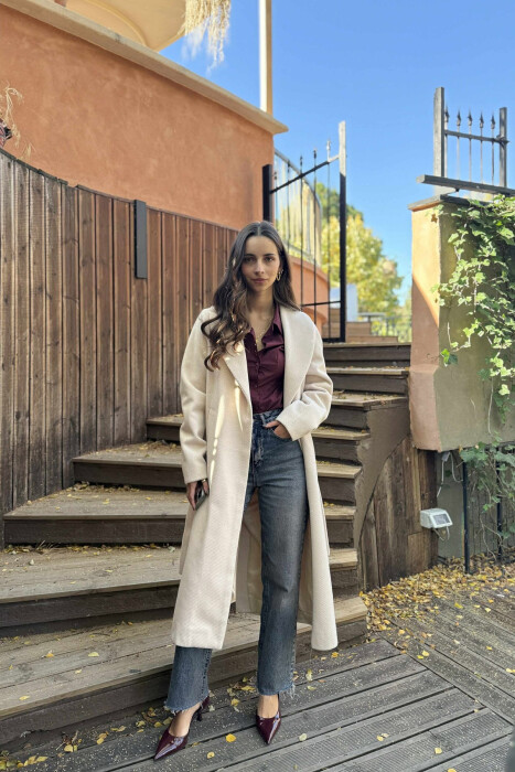 SIMPLE DESIGN LONG WOMEN COAT LIGHT BEIGE/BZHZB - KLAUDIO FASHION