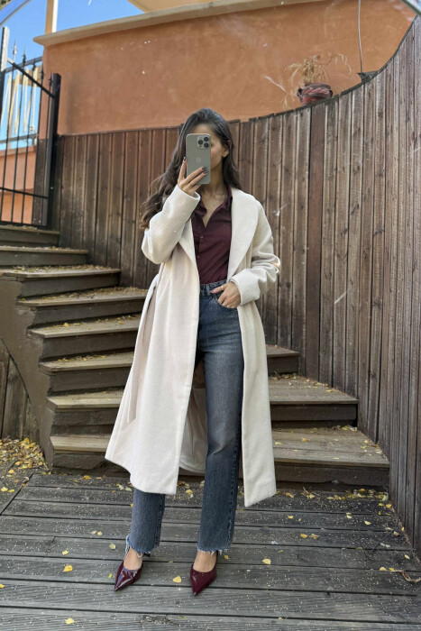 SIMPLE DESIGN LONG WOMEN COAT LIGHT BEIGE/BZHZB - 3