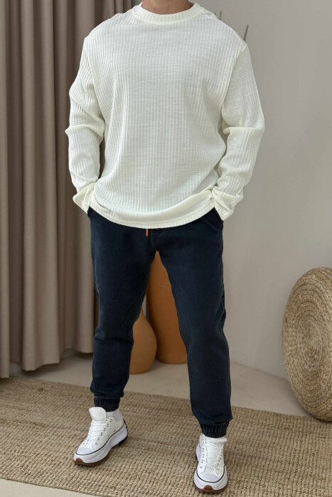 SIMPLE DESIGN ROUND NECK MEN SWEATER CREAM/KREM - KLAUDIO FASHION