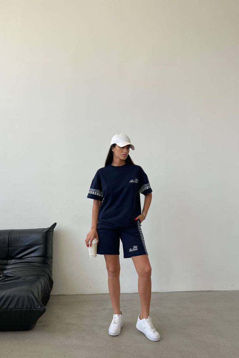 SIMPLE DESIGN SHORTS+T-SHIRT WOMEN SET DARK BLUE/BEE - 6