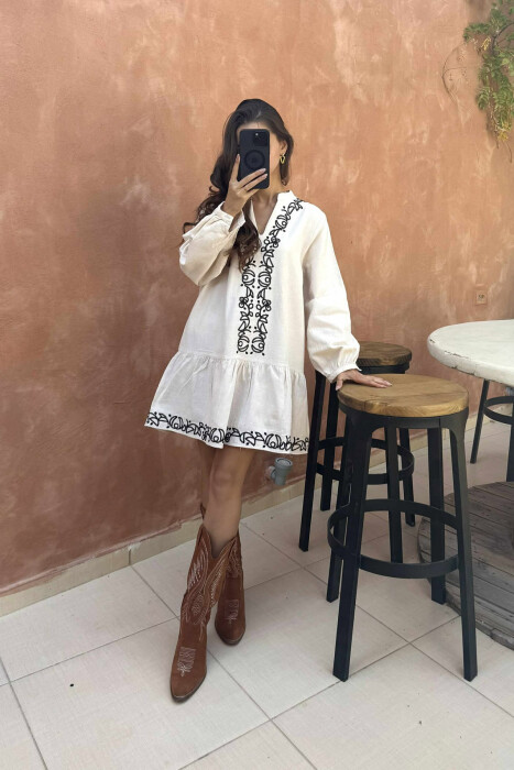 FUSTAN I SHKURTËR ME MËNGË TË GJATA DHE DIZANJE TË THJESHTA PÊR FEMRA NË NGJYRËN KREM - KLAUDIO FASHION