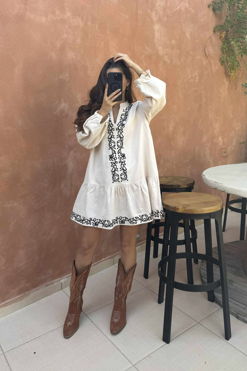 SIMPLE DESIGNS LONG SLEEVES SHORT WOMEN DRESS CREAM/KREM - 2