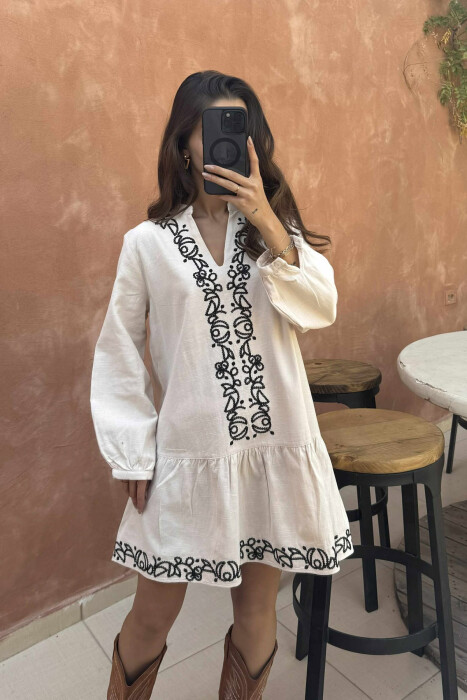 SIMPLE DESIGNS LONG SLEEVES SHORT WOMEN DRESS CREAM/KREM - 3