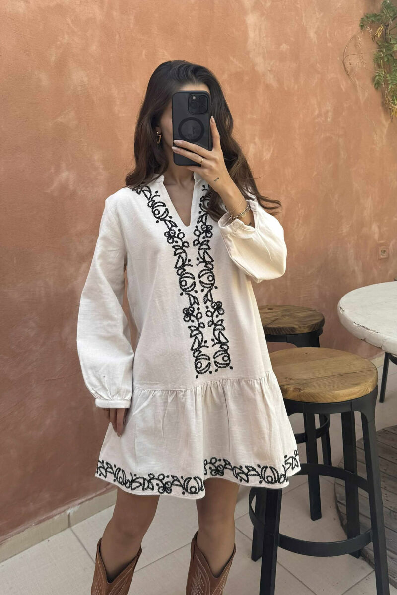 SIMPLE DESIGNS LONG SLEEVES SHORT WOMEN DRESS CREAM/KREM - 3