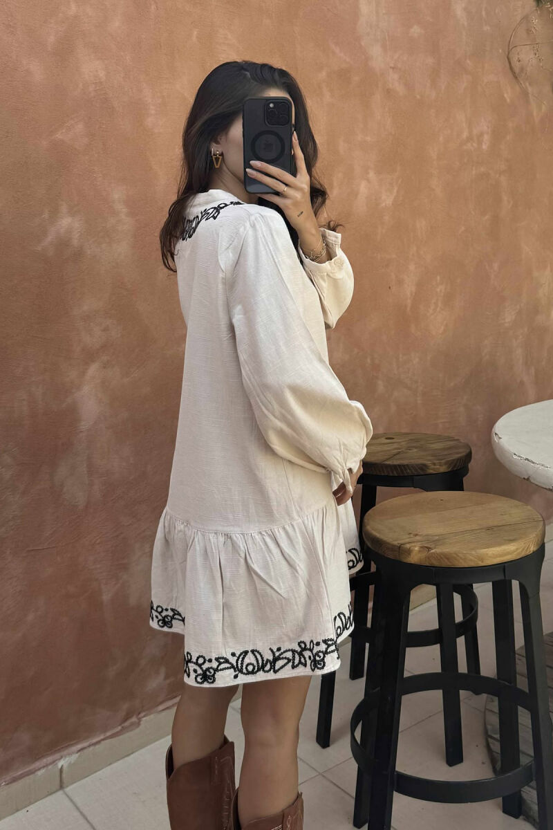 SIMPLE DESIGNS LONG SLEEVES SHORT WOMEN DRESS CREAM/KREM - 4