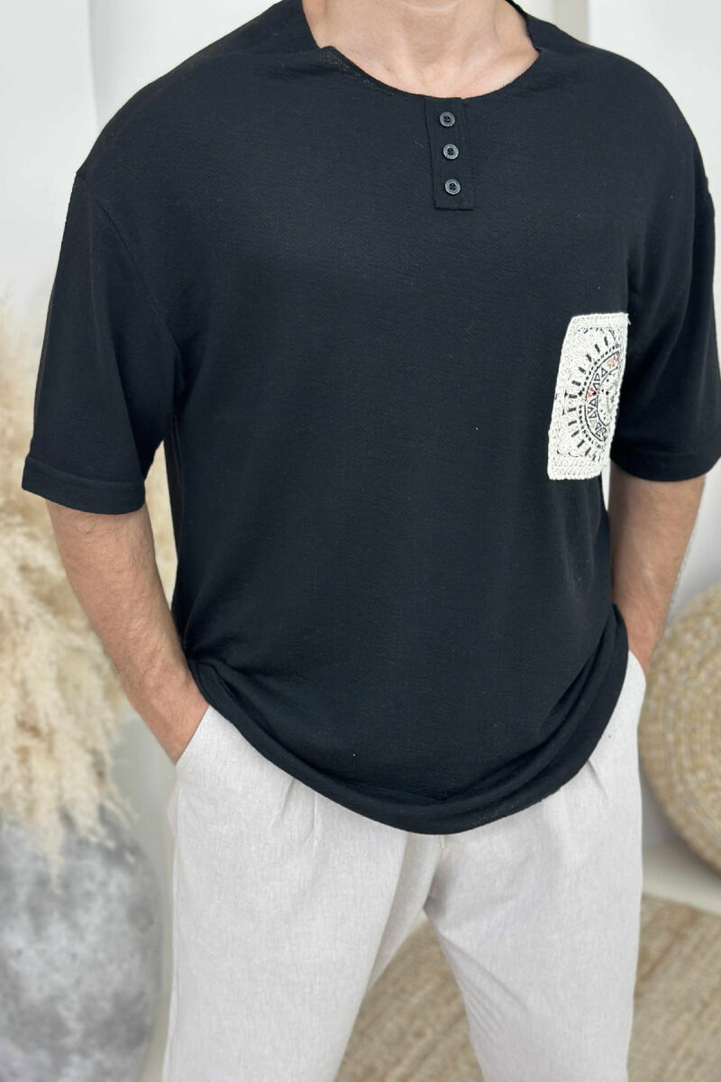 SIMPLE DETAIL BUTTONED MEN T-SHIRT BLACK/ E ZEZE - 2