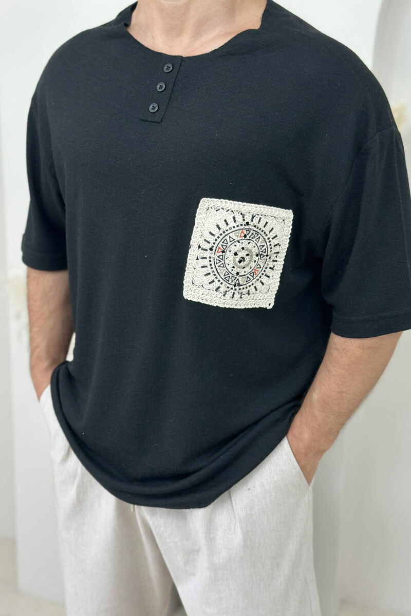 SIMPLE DETAIL BUTTONED MEN T-SHIRT BLACK/ E ZEZE - 3