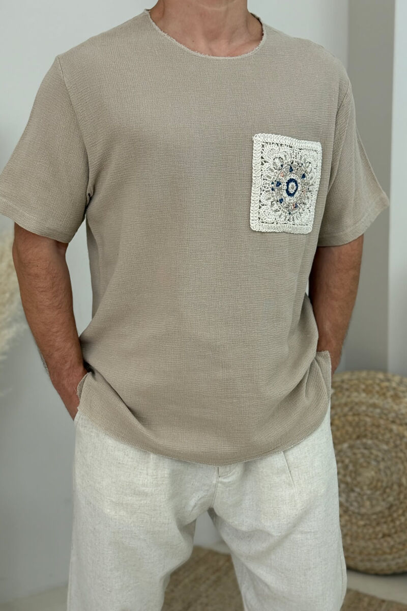 SIMPLE DETAILED MEN T-SHIRT LIGHT BROWN/KAZB - 4