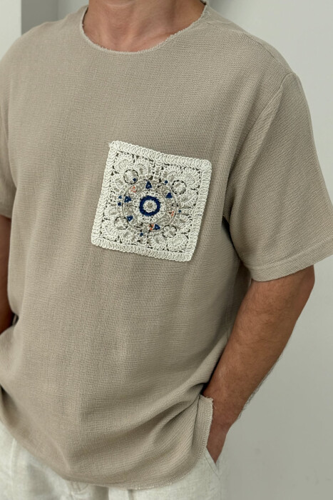 SIMPLE DETAILED MEN T-SHIRT LIGHT BROWN/KAZB - 3