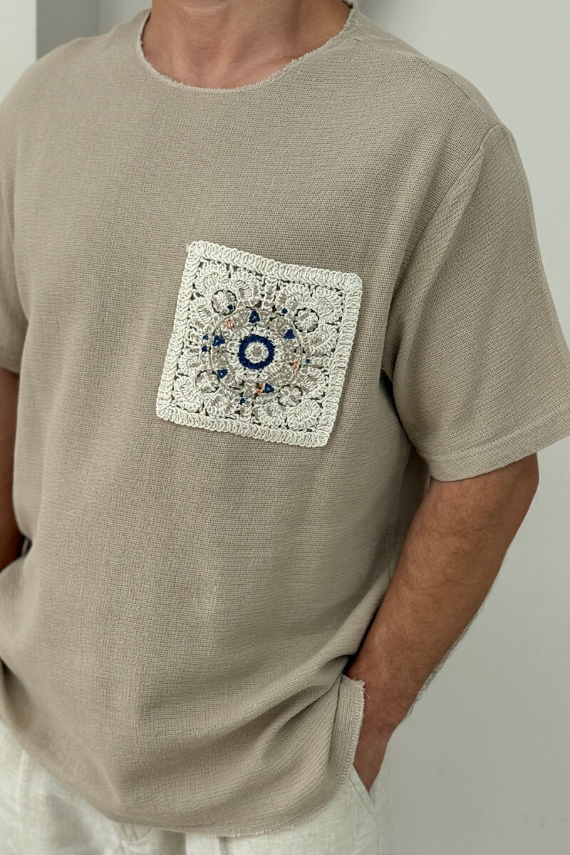 SIMPLE DETAILED MEN T-SHIRT LIGHT BROWN/KAZB - 3