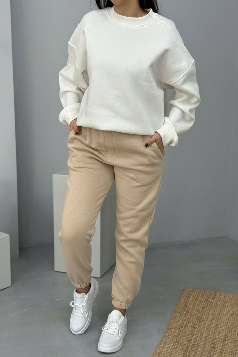 SIMPLE ELASTIC WAIST LACINGS FLUFFY WOMEN JOGGERS BEIGE/BEZHE 