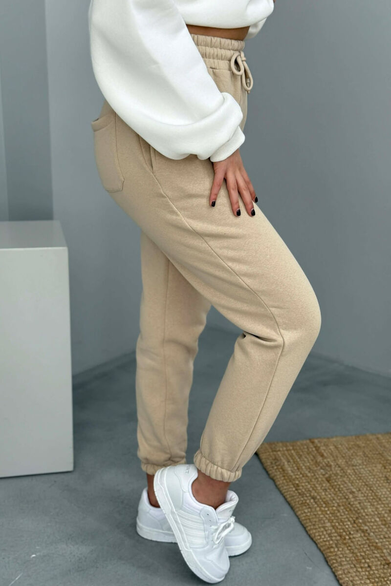 SIMPLE ELASTIC WAIST LACINGS FLUFFY WOMEN JOGGERS BEIGE/BEZHE - 2