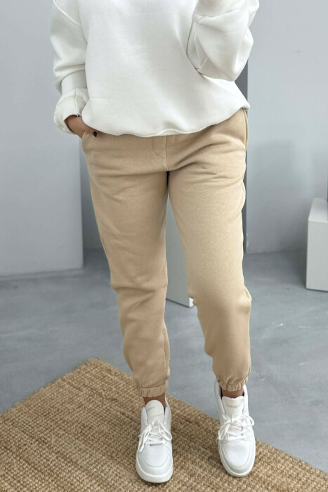 SIMPLE ELASTIC WAIST LACINGS FLUFFY WOMEN JOGGERS BEIGE/BEZHE - 4