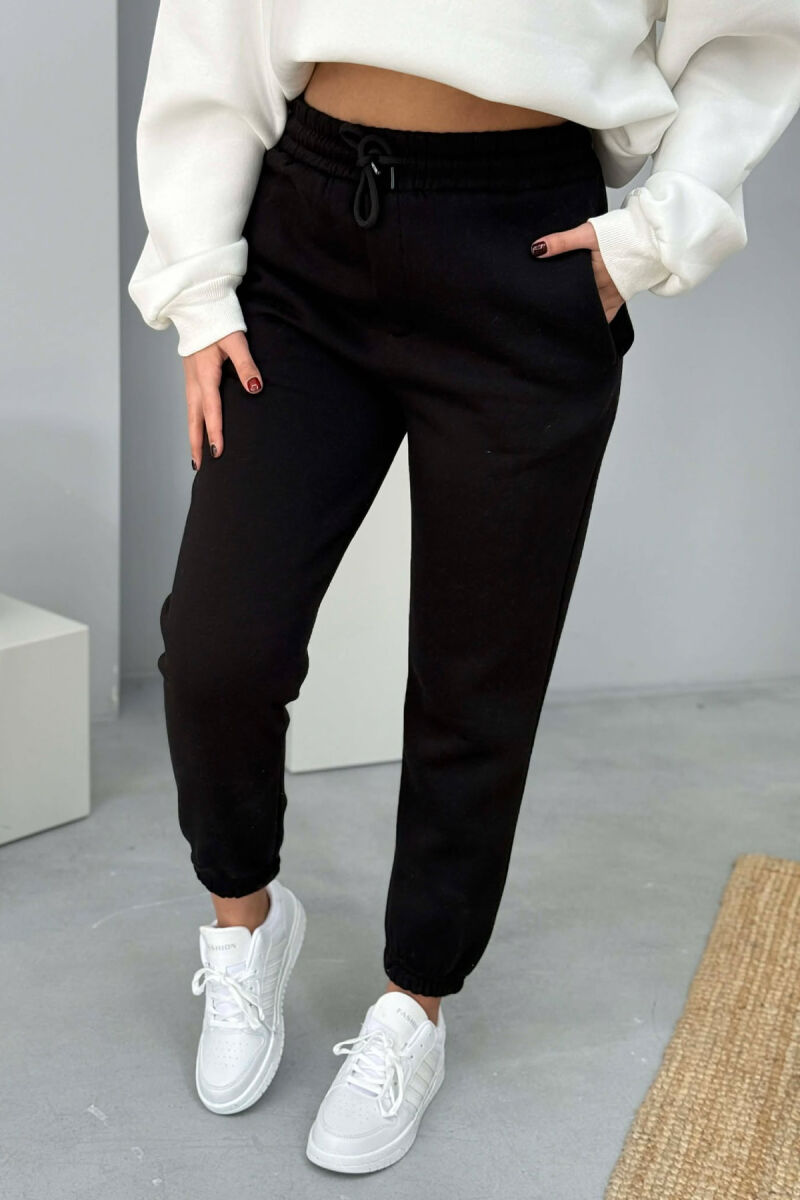 SIMPLE ELASTIC WAIST LACINGS FLUFFY WOMEN JOGGERS BLACK/ E ZEZE - 3