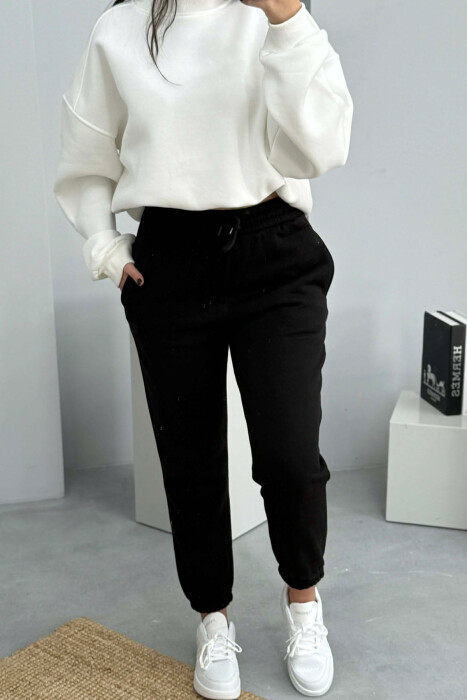 SIMPLE ELASTIC WAIST LACINGS FLUFFY WOMEN JOGGERS BLACK/ E ZEZE 