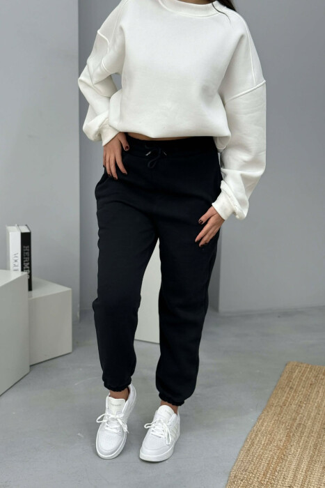 SIMPLE ELASTIC WAIST LACINGS FLUFFY WOMEN JOGGERS DARK BLUE/BEE 