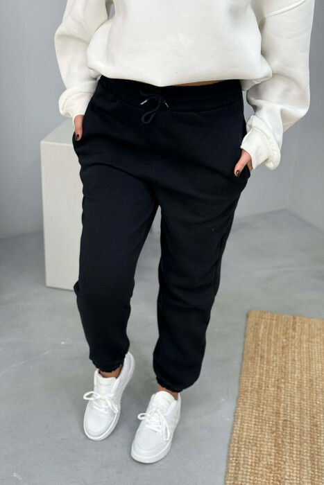 SIMPLE ELASTIC WAIST LACINGS FLUFFY WOMEN JOGGERS DARK BLUE/BEE - 2