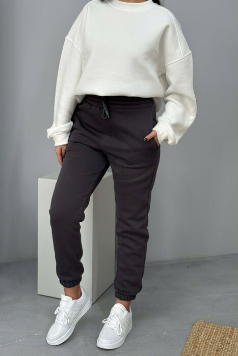 SIMPLE ELASTIC WAIST LACINGS FLUFFY WOMEN JOGGERS DARK GREY/GEE 