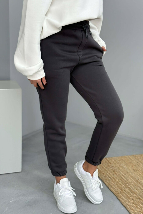 SIMPLE ELASTIC WAIST LACINGS FLUFFY WOMEN JOGGERS DARK GREY/GEE - 3