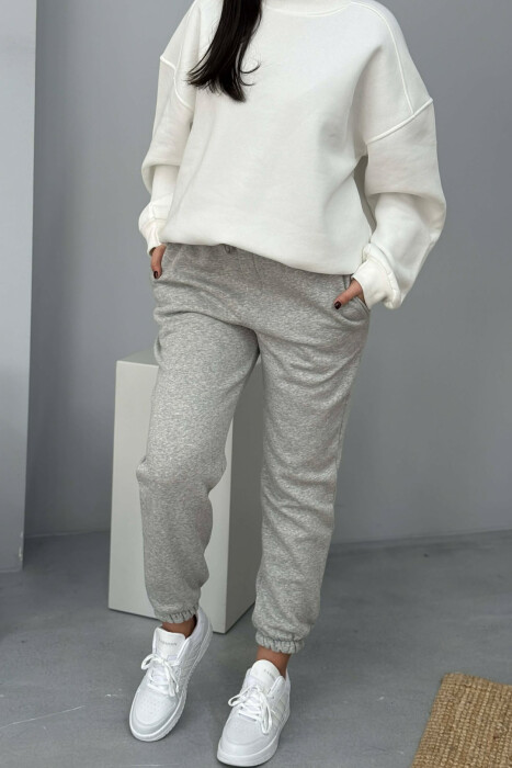 SIMPLE ELASTIC WAIST LACINGS FLUFFY WOMEN JOGGERS LIGHT GREY/GZ - 1