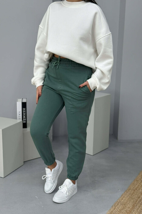 SIMPLE ELASTIC WAIST LACINGS FLUFFY WOMEN JOGGERS MINT/MENTE - 1