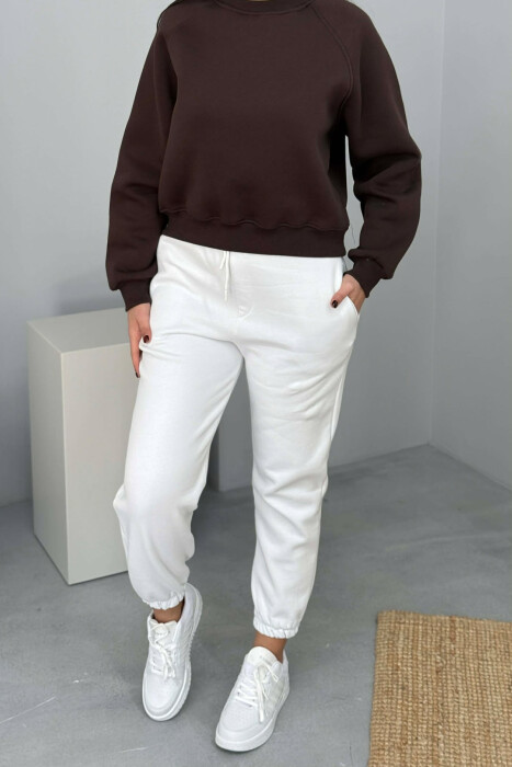 SIMPLE ELASTIC WAIST LACINGS FLUFFY WOMEN JOGGERS WHITE-E BARDHE 