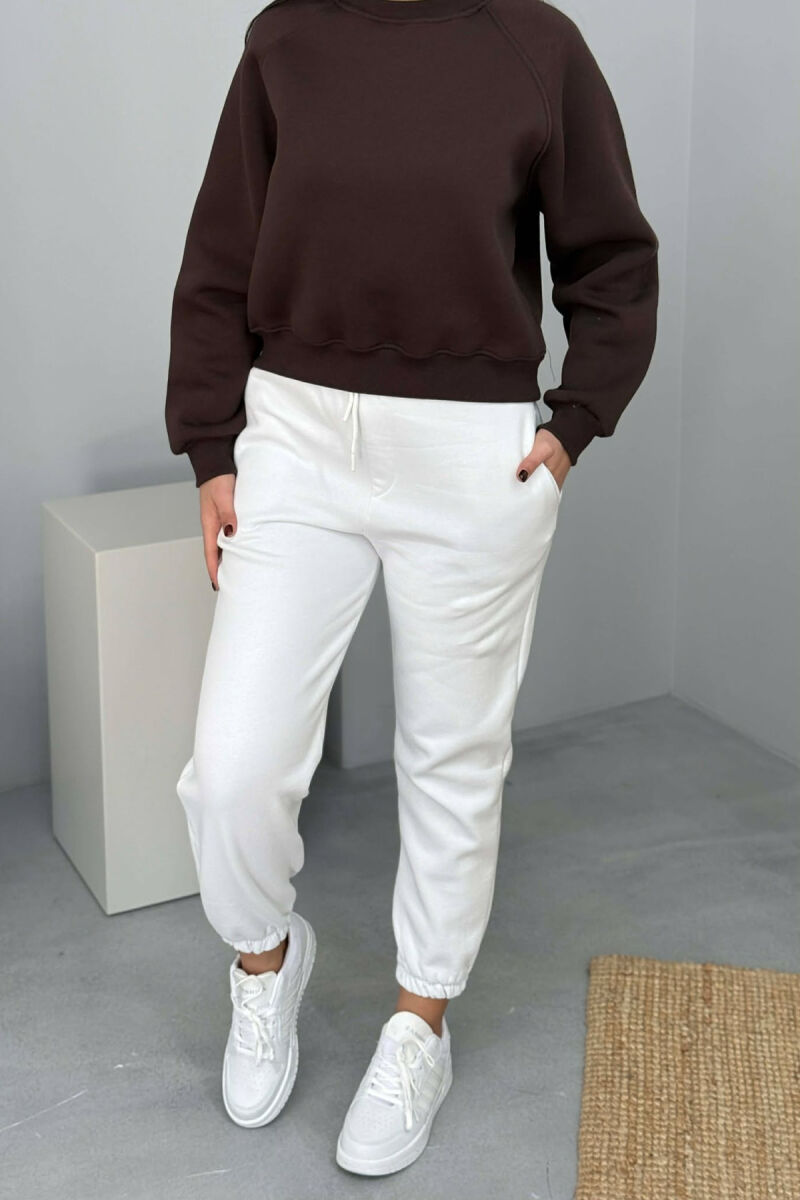 SIMPLE ELASTIC WAIST LACINGS FLUFFY WOMEN JOGGERS WHITE-E BARDHE - 1